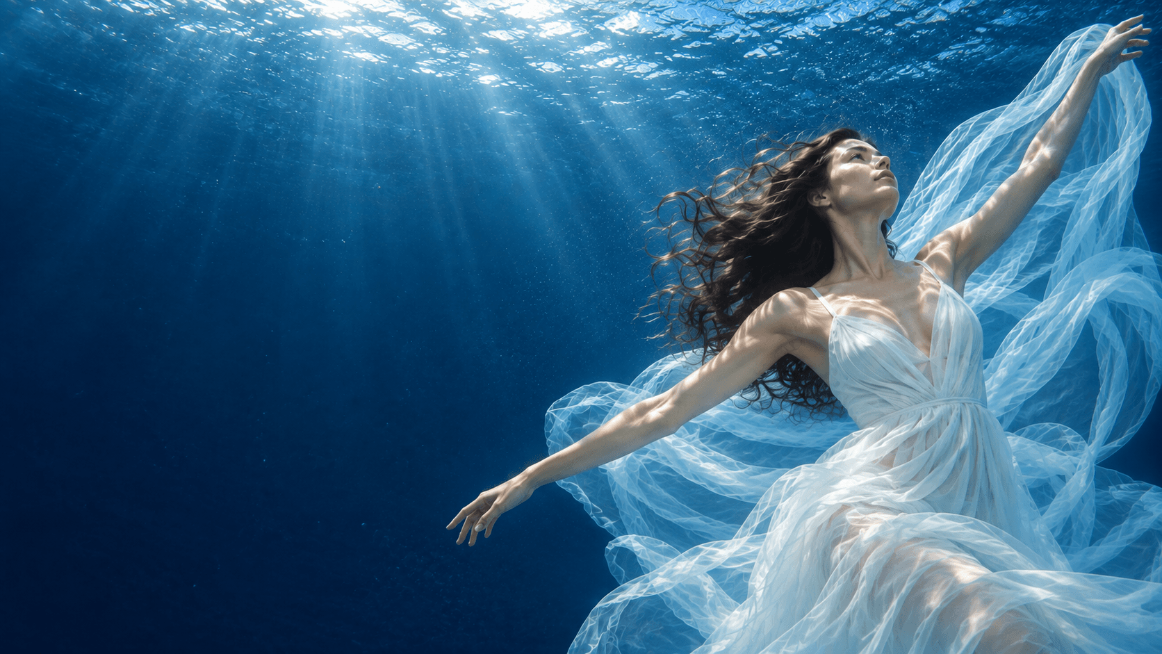 Модель в белом платье с солнечными бликами на коже под водой в открытом море
